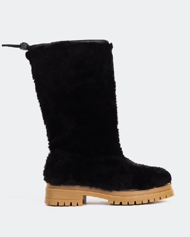 Women's tall boots with a sequined - panel insert Chow Black Faux Fur