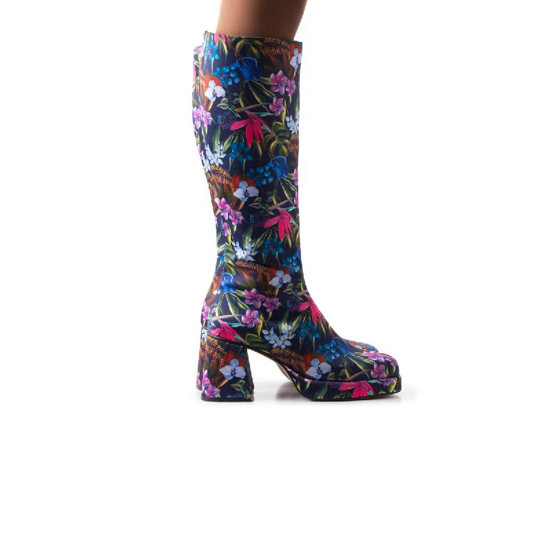 Women's shock - absorbing tall boots for long walks Cologne Navy Satin Flowers
