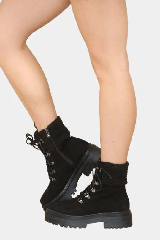 women's chelsea ankle boots Black Suede Fur Collar Lace up Ankle Boots