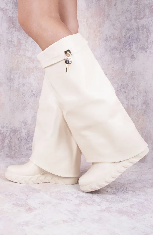 Women's long boots with a wedge heel for added height Beige Wedge PU Leather Fold Over Shark Lock Detail Knee High Boot