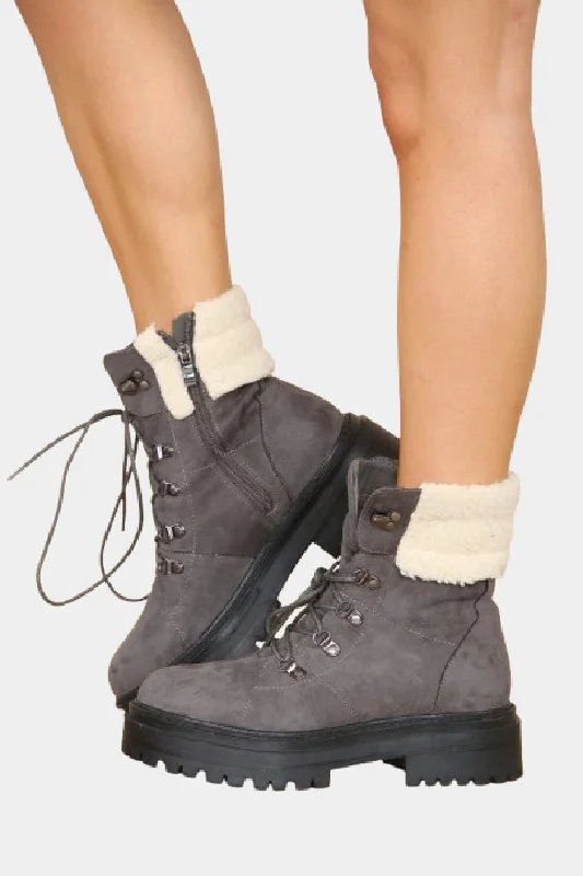 women's ankle boots with tassel Grey Suede Fur Collar Lace up Ankle Boots
