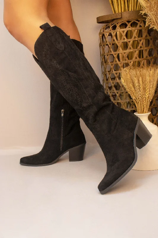 Women's long boots with a non - slip sole for safety Black Faux Suede Western Style Knee High Cowboy Boot Women's long boots with a non - slip sole for safety Black Faux Suede Western Style Knee High Cowboy Boot