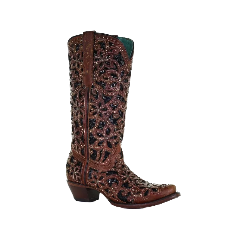 women's cowboy boots in black Corral Boots Women's Tan Black Inlay Embroidered Boot
