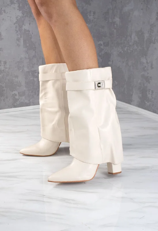 Women's long boots with a scalloped edge at the top Cream Faux Leather Fold Over Buckle Shark Boot Mid Women's long boots with a scalloped edge at the top Cream Faux Leather Fold Over Buckle Shark Boot Mid