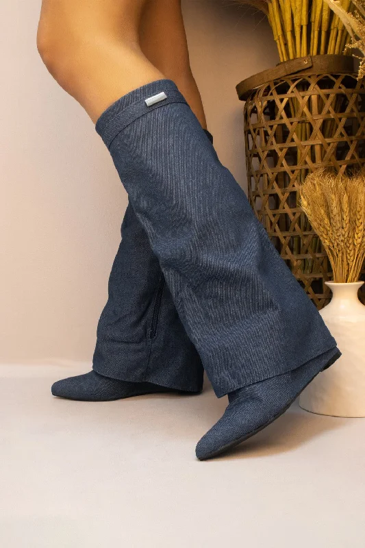 Women's long boots with a tassel - trimmed hem Denim Fold Over Shark Wedge Heel Knee High Boot Women's long boots with a tassel - trimmed hem Denim Fold Over Shark Wedge Heel Knee High Boot