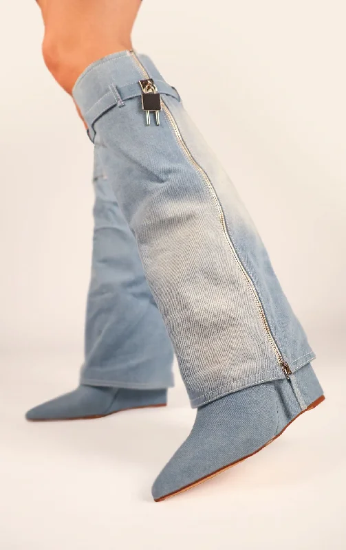 Women's long boots with a ruffled cuff for a feminine touch Denim Fold Over Shark Lock Knee High Wedge Boot Women's long boots with a ruffled cuff for a feminine touch Denim Fold Over Shark Lock Knee High Wedge Boot