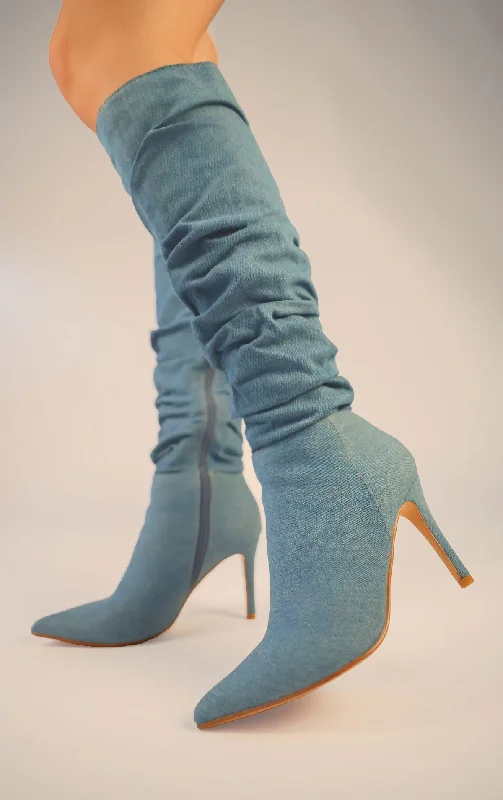 Women's long boots with a tapered toe shape Denim Ruched Pointed Toe Stiletto High Heel Knee High Boots Women's long boots with a tapered toe shape Denim Ruched Pointed Toe Stiletto High Heel Knee High Boots