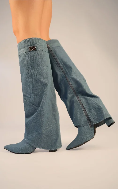 Women's long boots with a stretchy shaft for a snug fit Denim Fold Over Shark Classic Lock Buckle Knee High Boot Women's long boots with a stretchy shaft for a snug fit Denim Fold Over Shark Classic Lock Buckle Knee High Boot