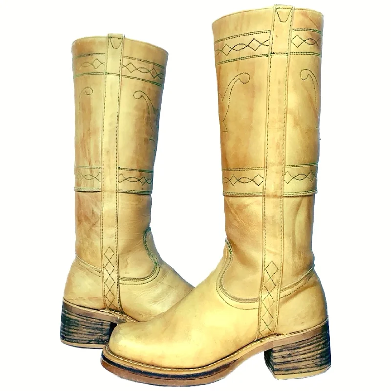 women's cowboy boots with pointed toe DOUBLE H Vintage Frye Style Banana Campus Stitching Horse Tall Knee High Boots