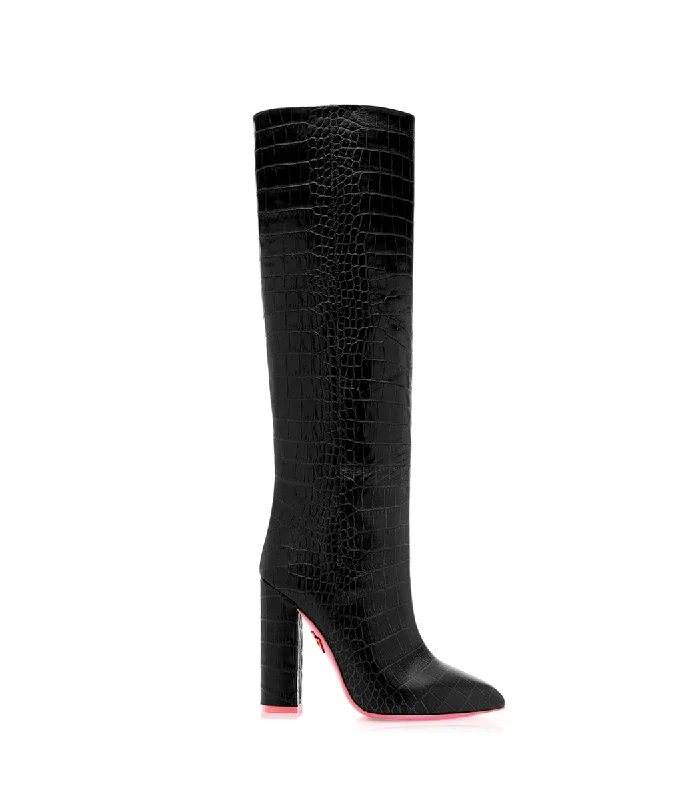 Elasticized top knee high boots for easy on - off​ Elnath 110 Black Crocodile