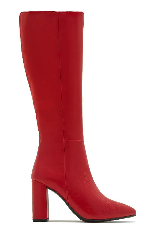 women's flat booties Fine Time Block Heel Knee High Boots - Red