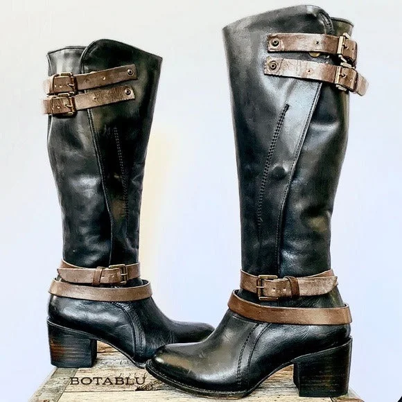 Women's tall boots with a geometric - printed shaft FREEBIRD BY STEVEN Clive Black Brown Strappy Buckle Tall Knee High Boho Boots