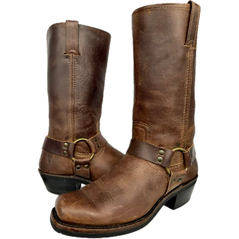 Women's tall boots with a tassel - trimmed hem FRYE Harness 12R Brown Biker Moto Motorcycle Boots