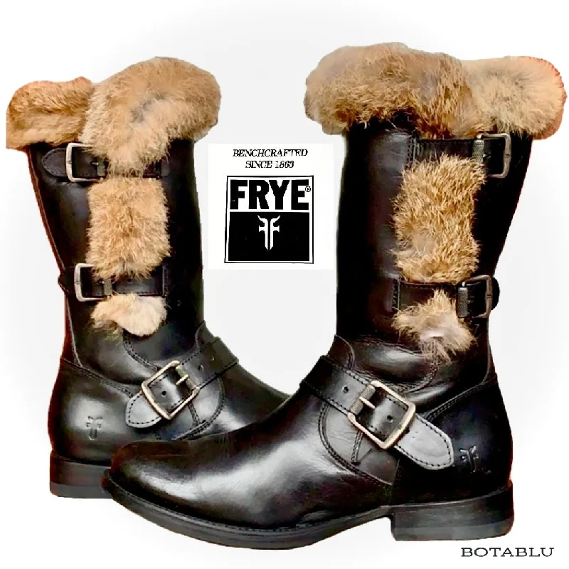 Women's white patent tall boots for a winter look FRYE Vintage Jamie Luxe Rabbit Fur Lined Buckle Zip Black Biker Moto Winter Boots Women's white patent tall boots for a winter look FRYE Vintage Jamie Luxe Rabbit Fur Lined Buckle Zip Black Biker Moto Winter Boots