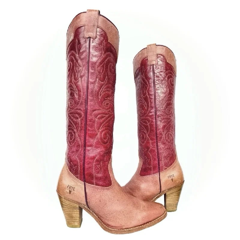 women's cowboy boots for dressy occasions FRYE Vintage Swirl Floral Embroidered Tall Knee High Pink Red Cowgirl Western Boots