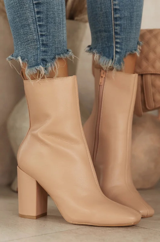 women's booties for evening Full Moon Squared Toe Chunky Heel Ankle Booties - Nude