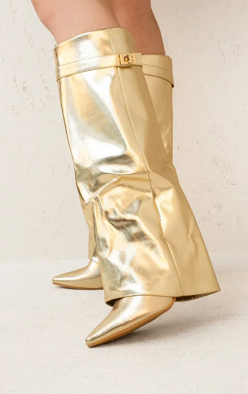 Women's adjustable - fit long boots with elastic inserts Gold Buckle Fold Over Shark Classic Knee High Boot Women's adjustable - fit long boots with elastic inserts Gold Buckle Fold Over Shark Classic Knee High Boot