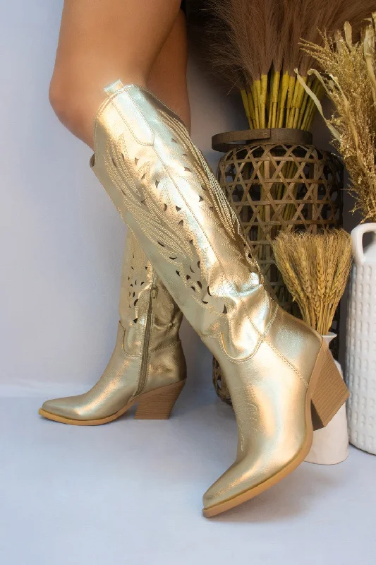 Women's long boots with a rhinestone - embellished shaft Gold Long Classic Western Cut Out Cowboy Boot