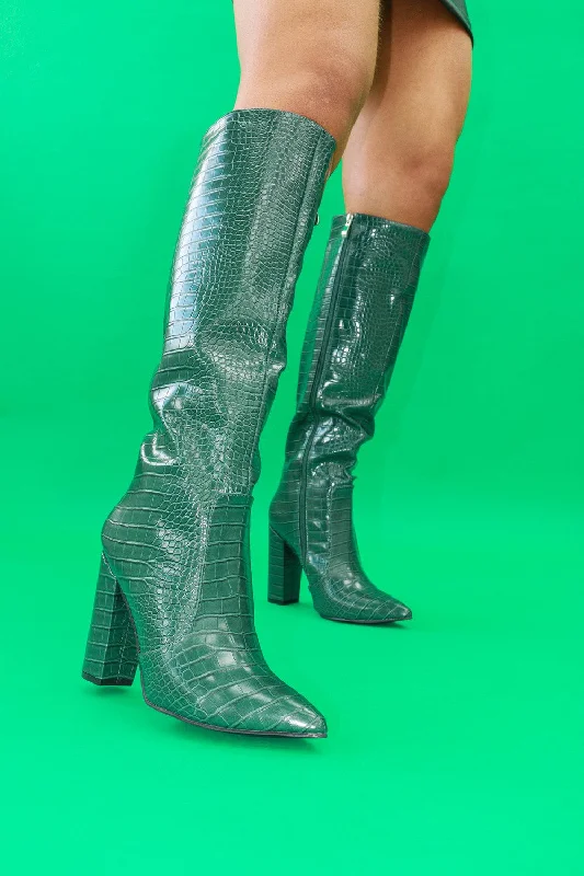 Women's long boots with a wedge heel for added height KYLIE Dark Green faux croc knee high heeled boot Women's long boots with a wedge heel for added height KYLIE Dark Green faux croc knee high heeled boot