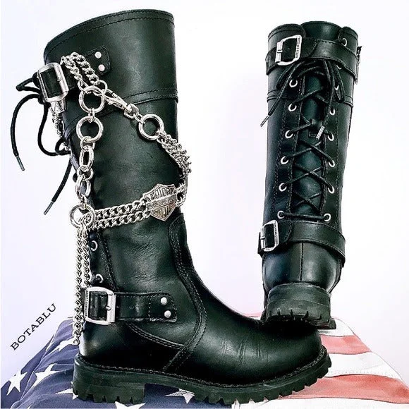 Women's tall boots with a scalloped - edge top HARLEY-DAVIDSON Alexa Black Leather Lace Up Zip Tall Knee High Biker Moto Boots Women's tall boots with a scalloped - edge top HARLEY-DAVIDSON Alexa Black Leather Lace Up Zip Tall Knee High Biker Moto Boots
