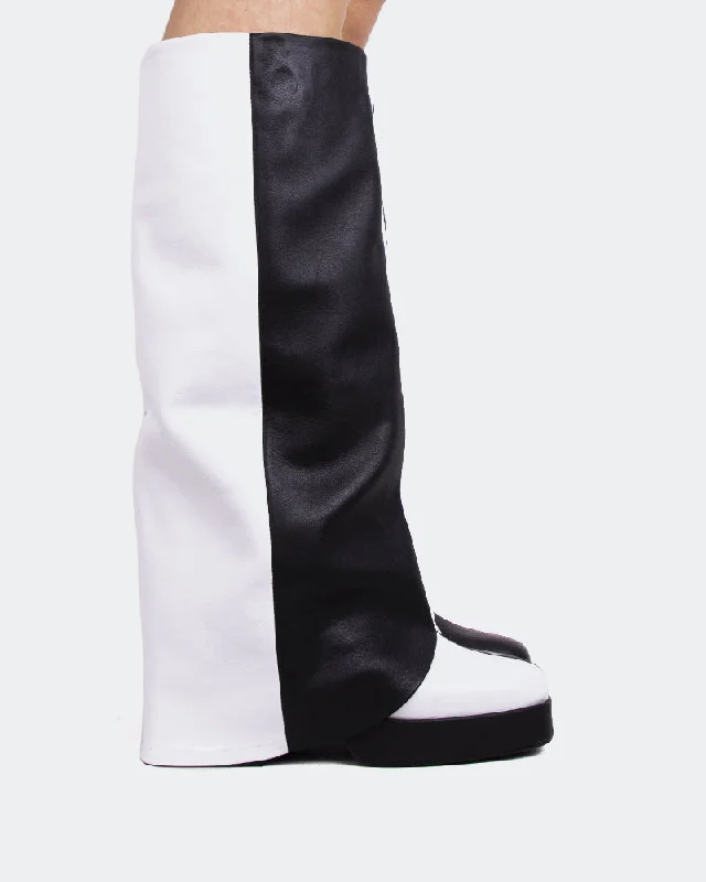 Women's tall boots with a zip - front and embroidery Jaris Black-White Leather