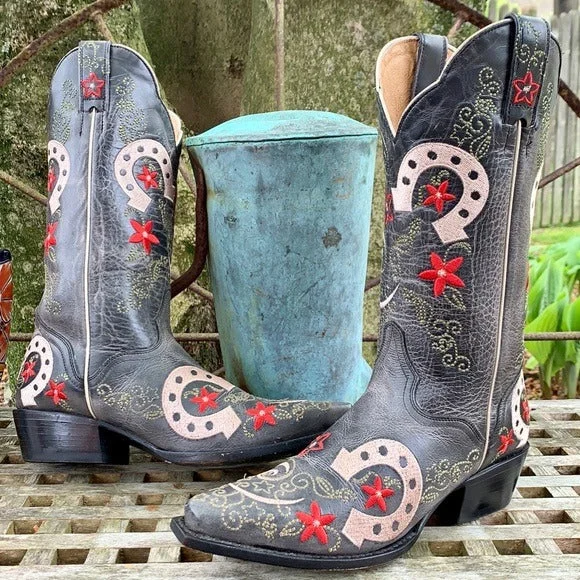 Women's tall boots with a lace - up front and tassels J.B. Dillon Lucky Horseshoe Cowgirl Cowboy Western Boots Women's tall boots with a lace - up front and tassels J.B. Dillon Lucky Horseshoe Cowgirl Cowboy Western Boots