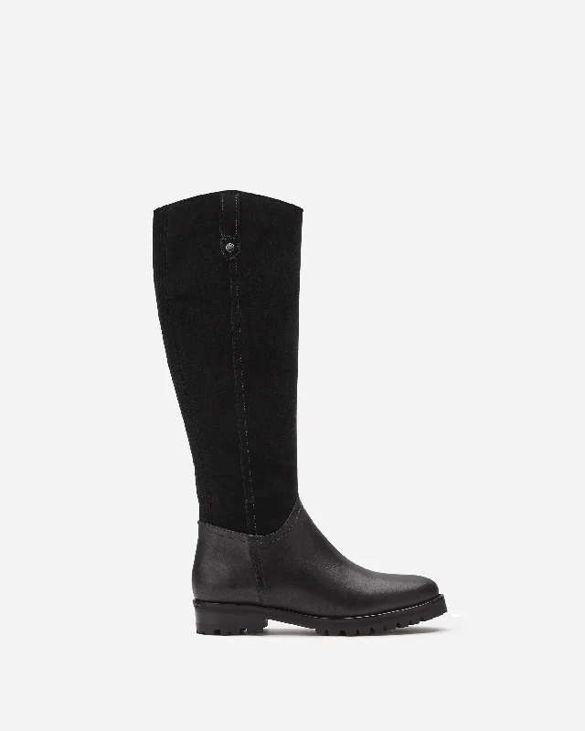 Stretch fabric knee high boots for a snug fit​ Jeane Knee High Boots in Black Suede