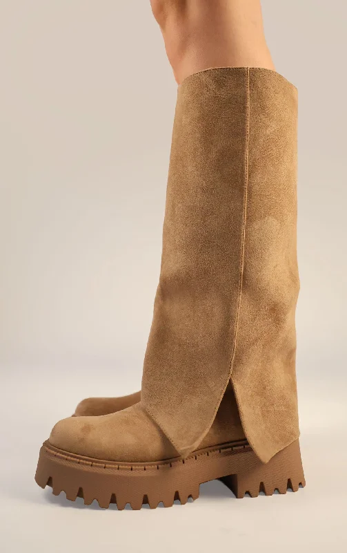 Women's black leather long boots with silver zippers Khaki Faux Suede Fold Over Chunky Round Toe Knee High Boots Women's black leather long boots with silver zippers Khaki Faux Suede Fold Over Chunky Round Toe Knee High Boots