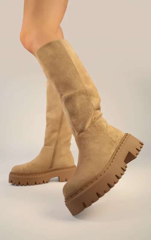 Women's insulated long boots for cold winters Khaki Faux Suede Chunky Round Toe Knee High Fold Over Boots Women's insulated long boots for cold winters Khaki Faux Suede Chunky Round Toe Knee High Fold Over Boots
