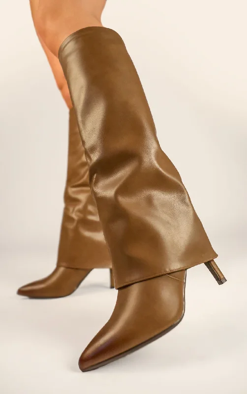 Women's long boots with a fur - trimmed collar Taupe Stiletto Leather Fold Over Shark Ombre Toe Knee High Boot Women's long boots with a fur - trimmed collar Taupe Stiletto Leather Fold Over Shark Ombre Toe Knee High Boot