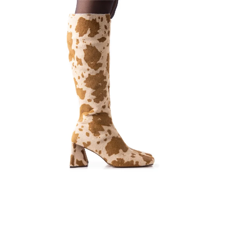 Women's tall boots with a block heel and back zip Kloten Cow Pony