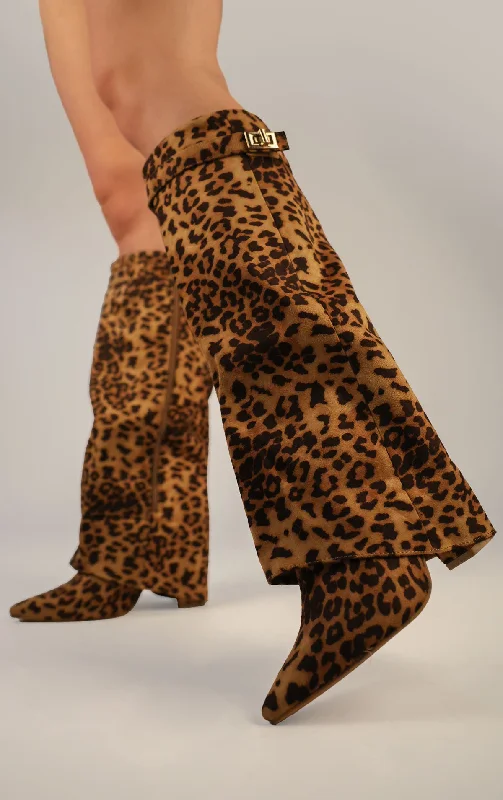 Women's breathable long boots for warm climates Leopard Print Faux Suede Fold Over Shark Classic Buckle Knee High Boot Women's breathable long boots for warm climates Leopard Print Faux Suede Fold Over Shark Classic Buckle Knee High Boot