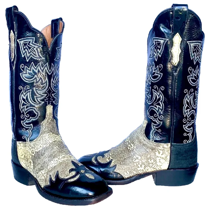 women's cowboy boots for wide calf LUCCHESE Cowgirl Ring Lizard Exotic Handmade Tall Black Leather Western Cowgirl Cowboy Boots