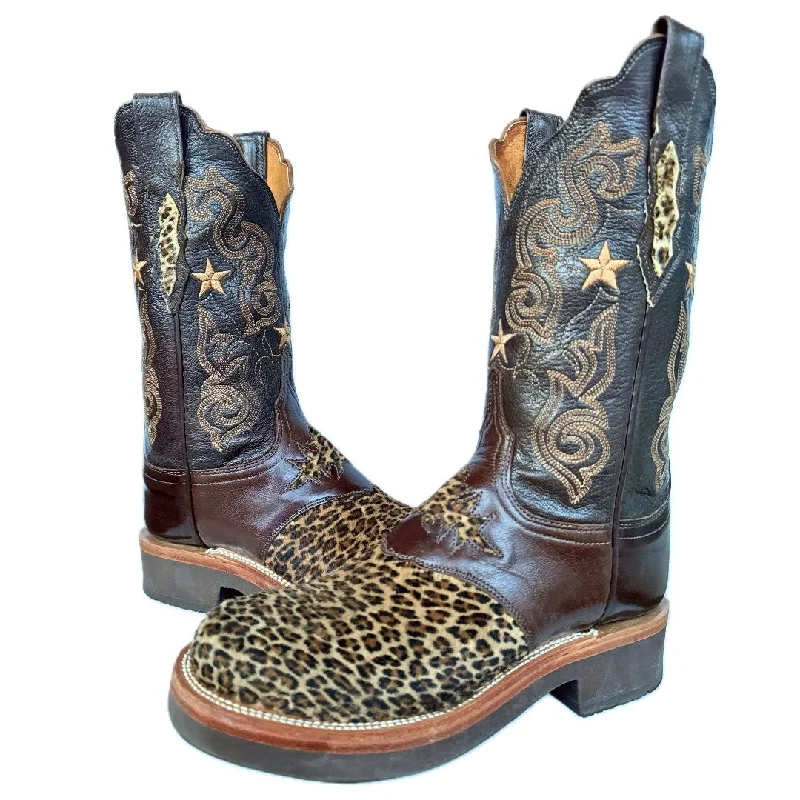 Women's tall boots with a metallic - and - matte finish LUCCHESE Leopard Hair On Crepe Sole Brown Western Cowboy Boots Women's tall boots with a metallic - and - matte finish LUCCHESE Leopard Hair On Crepe Sole Brown Western Cowboy Boots