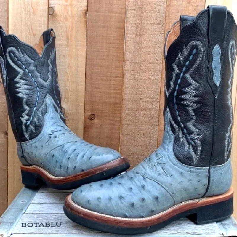 Women's tall boots with a block heel and back zip LUCCHESE Ostrich Exotic Crepe Sole Roper Blue Black Cowgirl Cowboy Western Boots Women's tall boots with a block heel and back zip LUCCHESE Ostrich Exotic Crepe Sole Roper Blue Black Cowgirl Cowboy Western Boots