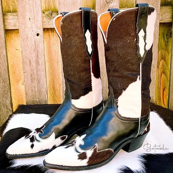 Women's stretchy tall boots for easy on - off LUCCHESE Rare Cowhide Pony Calf Hair On Hide Cowgirl Cowboy Western Boots