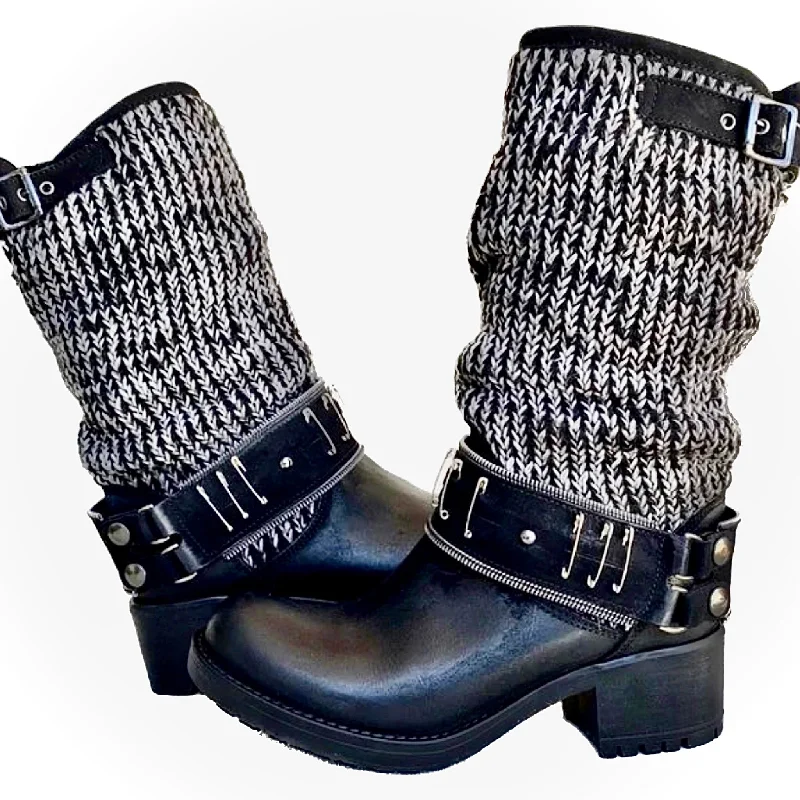 Women's tall boots with a stacked heel and fur trim LUISA MIRANDA ITALIA Harness Chunky Lug Sole Slouch Black Biker Moto Boots Women's tall boots with a stacked heel and fur trim LUISA MIRANDA ITALIA Harness Chunky Lug Sole Slouch Black Biker Moto Boots