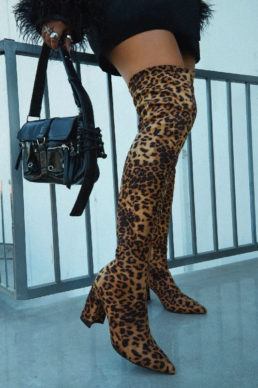 women's booties with chukka style Make A Statement Block Heel Over The Knee Boots - Tan Leopard