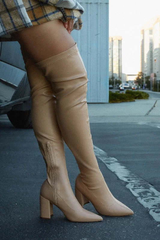 women's booties with metallic finish Make A Statement Block Heel Over The Knee Boots - Nude