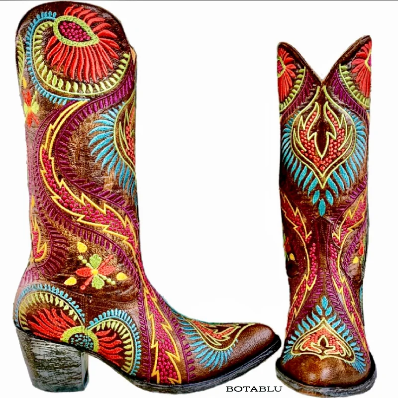 Women's tall boots with a scalloped - edge top OLD GRINGO The Tiegan Brass Brown Multicolored Cowgirl Cowboy Western Boots