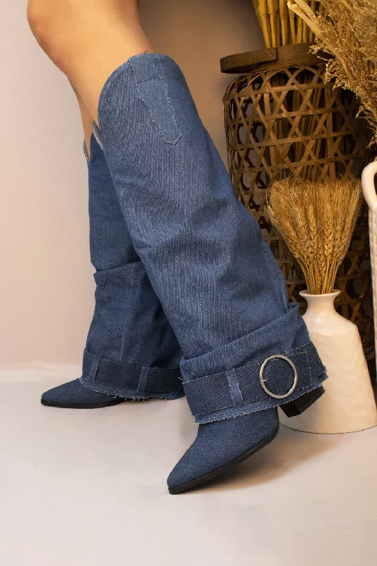 Women's red faux leather long boots with a pointed toe Own It Denim Fold Over Knee High Buckle Western Boots Women's red faux leather long boots with a pointed toe Own It Denim Fold Over Knee High Buckle Western Boots
