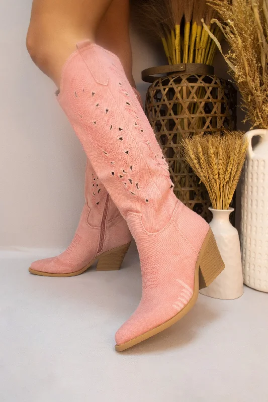Women's long boots with arch support for comfort Pink Long Classic Western Cut Out Cowboy Denim Boot Women's long boots with arch support for comfort Pink Long Classic Western Cut Out Cowboy Denim Boot
