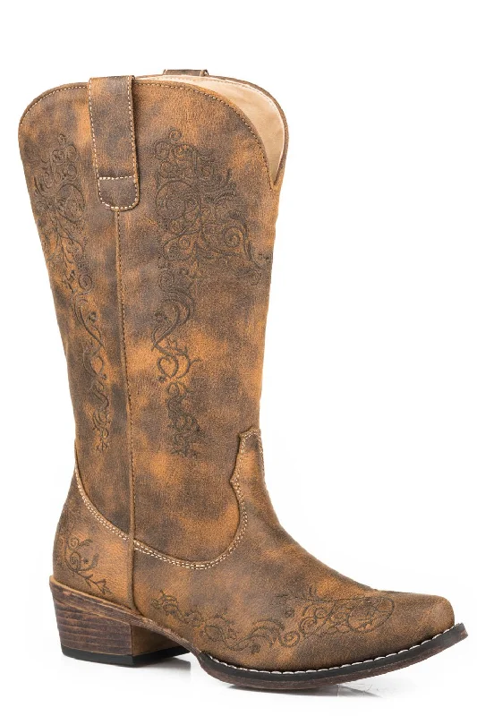women's western boots Roper Womens Cognac Faux Leather Riley Scroll Cowboy Boots