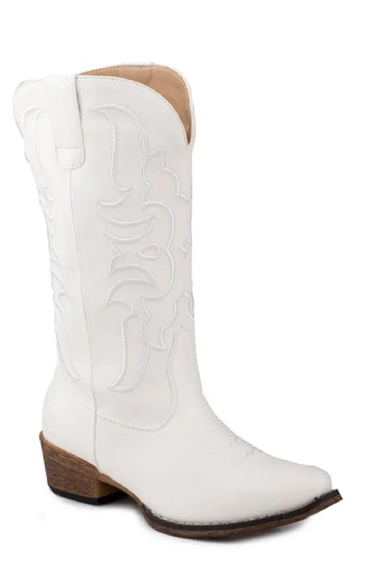 women's cowboy boots with elastic sides Roper Womens Riley Cord White Faux Leather Cowboy Boots