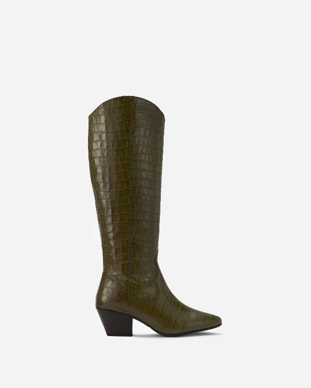 Elasticized top knee high boots for easy on - off Saffron Knee High Boots in Forest Green Croc Elasticized top knee high boots for easy on - off Saffron Knee High Boots in Forest Green Croc