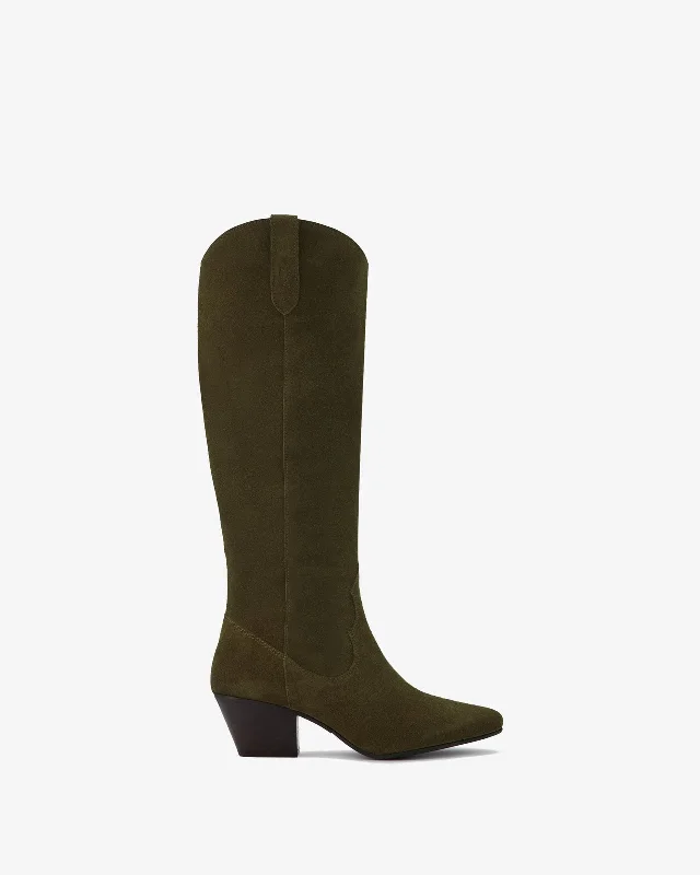 Knee high boots with a croc - embossed texture Saffron Knee High Boots in Forest Green Suede Knee high boots with a croc - embossed texture Saffron Knee High Boots in Forest Green Suede