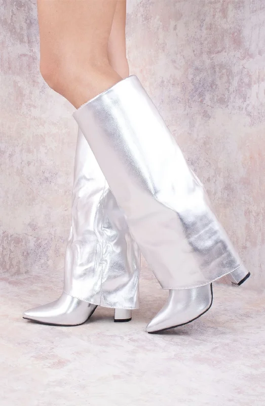 Women's long boots with a faux fur lining for extra warmth Silver Fold Over Shark Classic Knee High Boot Women's long boots with a faux fur lining for extra warmth Silver Fold Over Shark Classic Knee High Boot