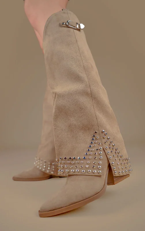 Women's long boots with a chain - detail around the ankle Khaki Faux Suede Buckle Knee High Studded Shark Boots Women's long boots with a chain - detail around the ankle Khaki Faux Suede Buckle Knee High Studded Shark Boots