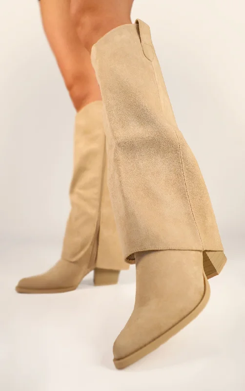 Women's long boots with a back buckle - strap detail Beige Faux Suede Fold Over Shark Block Knee High Boot Women's long boots with a back buckle - strap detail Beige Faux Suede Fold Over Shark Block Knee High Boot