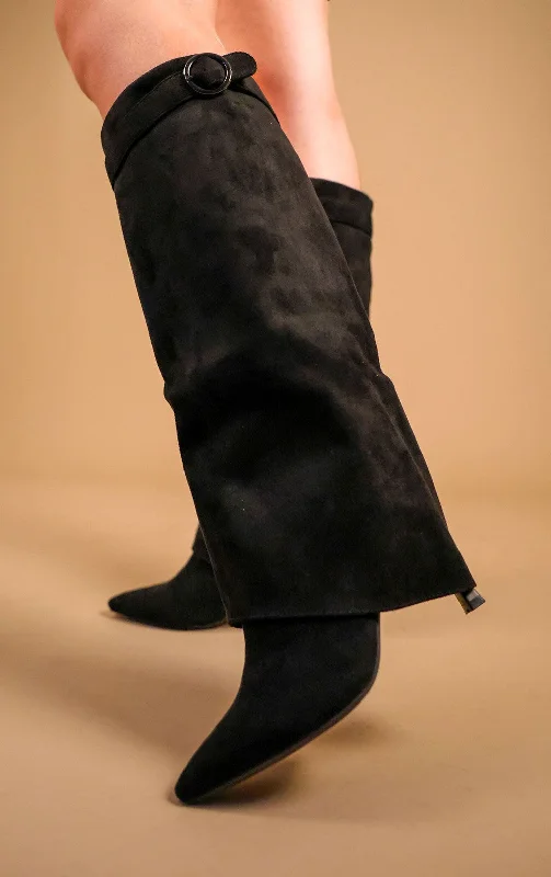 Women's brown suede long boots with gold buckles Black Stiletto Faux Suede Fold Over Shark Classic Buckle Knee High Boot Women's brown suede long boots with gold buckles Black Stiletto Faux Suede Fold Over Shark Classic Buckle Knee High Boot